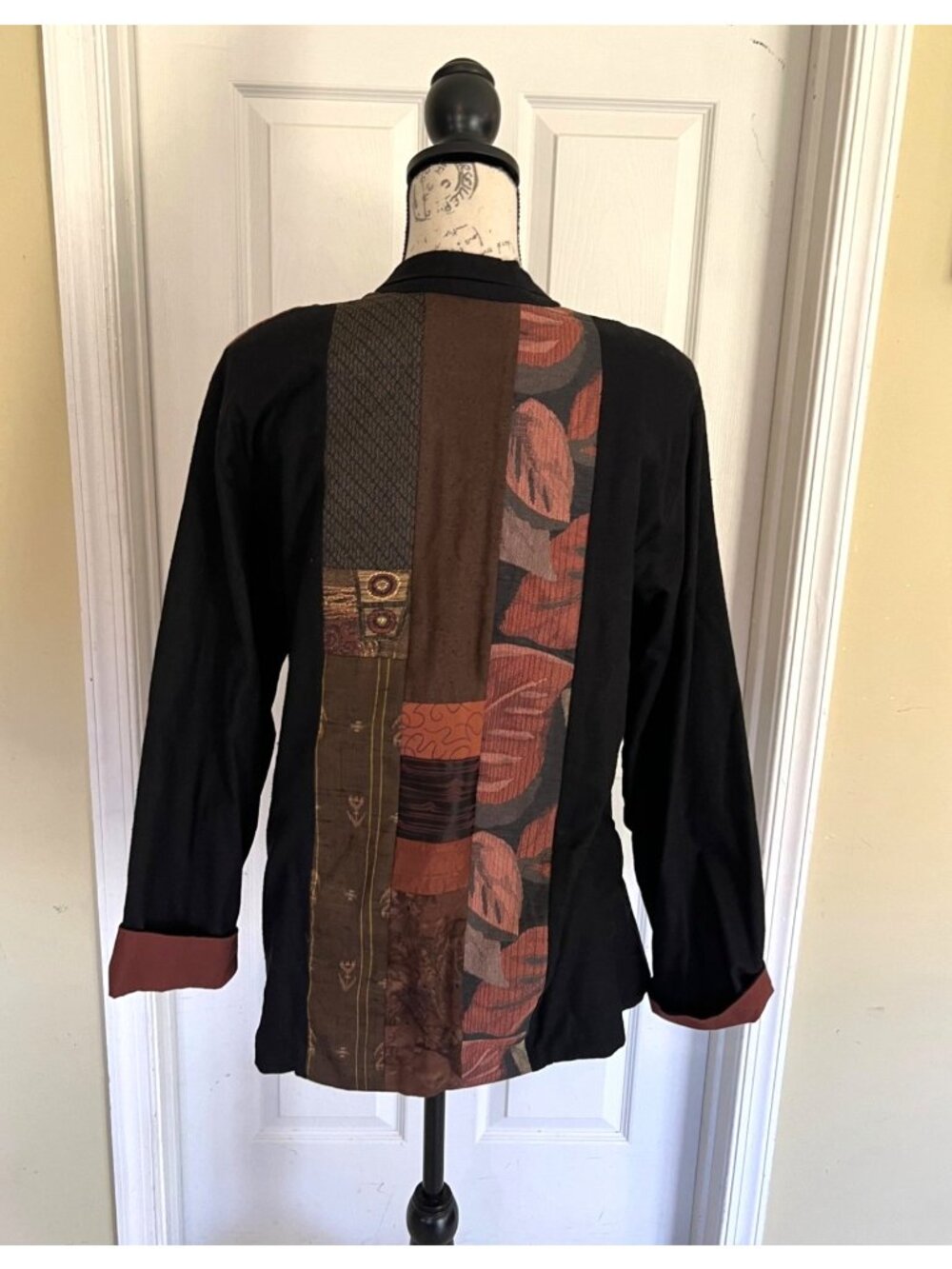 Anna Brown Open Blazer Jacket Patchwork Quilt Art to Wear Casual Neutral Small - Picture 5 of 9